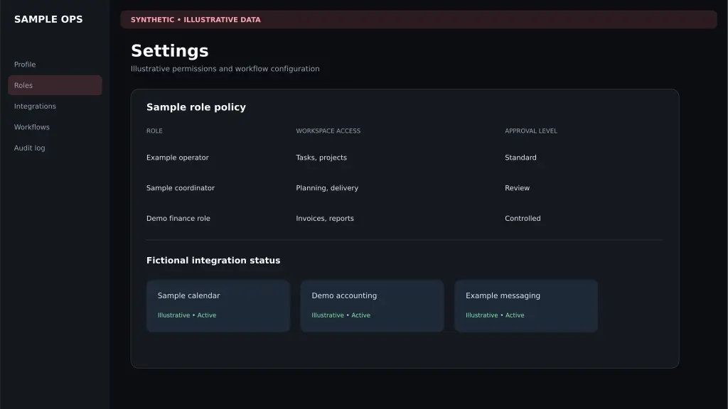 Synthetic illustrative industrial administration workspace with fictional roles, integrations, access controls, and audit history