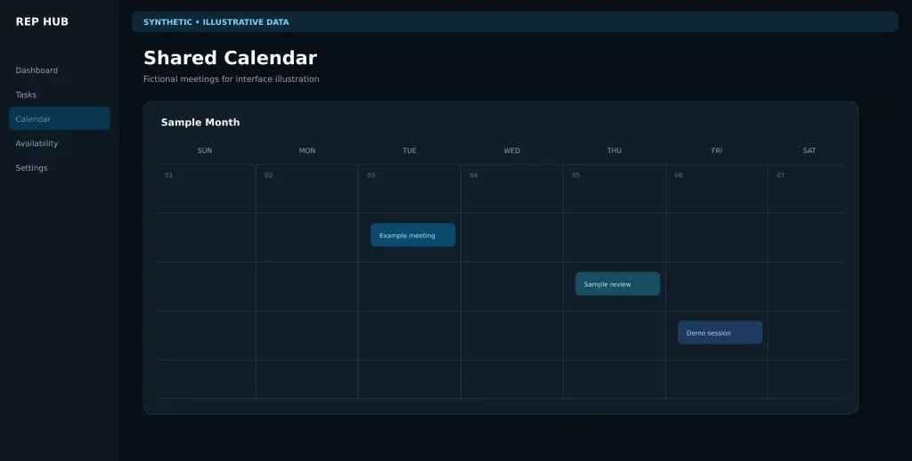 Synthetic illustrative Rep Hub calendar with a fictional shared schedule and meeting workflow