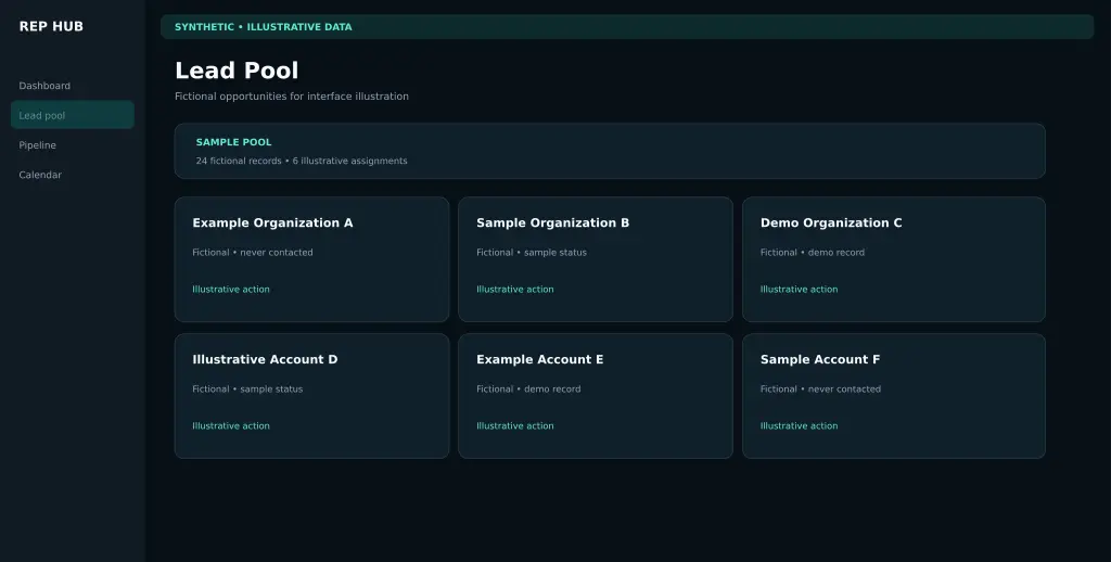 Synthetic illustrative Rep Hub lead pool with fictional assignment and prioritization data