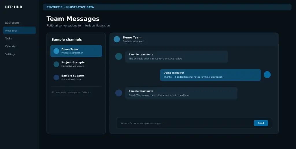 Synthetic illustrative Rep Hub messaging workspace with fictional conversations and sample team channels