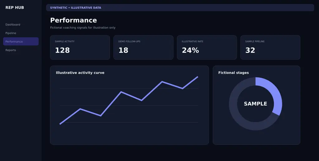 Synthetic illustrative Rep Hub performance workspace with fictional goals, activity, and coaching data
