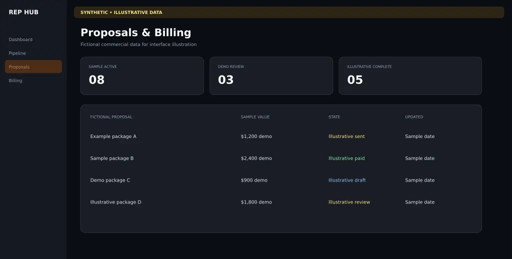 Synthetic illustrative Rep Hub proposals and billing workspace with fictional commercial data