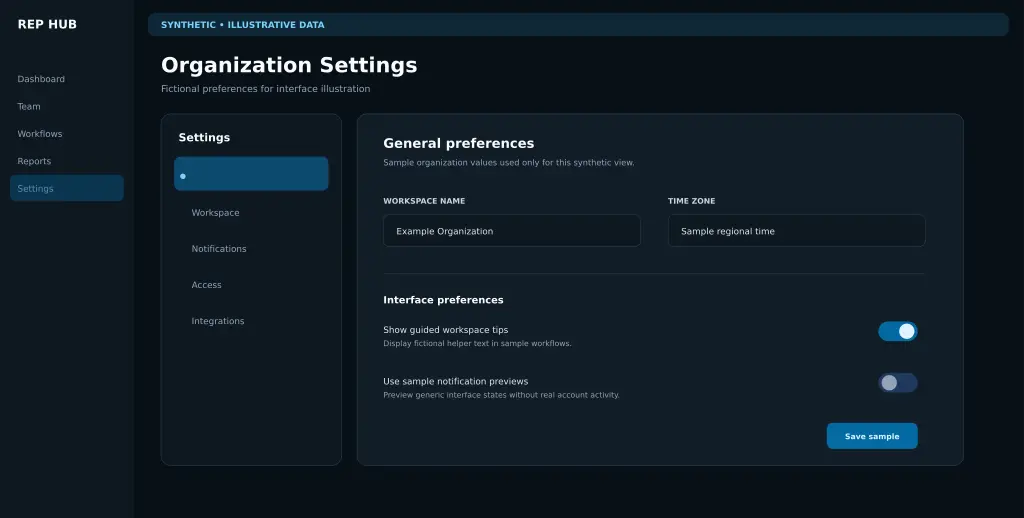 Synthetic illustrative Rep Hub settings workspace with fictional organization preferences and access controls